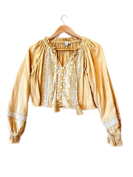 American Eagle Outfitters Tops - American Eagle Mustard Embroidered Peasant Blouse Yellow & White XS